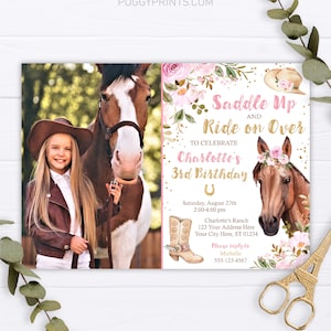 Horse Birthday Invitation, Editable Horse Invitation Template, Printable Cowgirl Birthday Party Invitations, Floral Invite, Instant Download