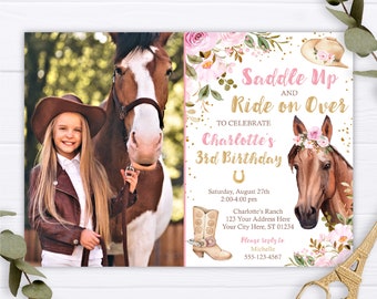 Horse Birthday Invitation, Editable Horse Invitation Template, Printable Cowgirl Birthday Party Invitations, Floral Invite, Instant Download