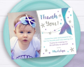 Mermaid Thank You Card, Editable Mermaid Birthday Thank You Card Template, Printable Under the Sea Thank You Note, Watercolor Mermaid Tail