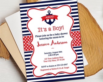 Nautical Baby Shower Invitation for Boy, Nautical Invitation, Nautical Shower, Navy Blue and Red Anchor Invitations, Editable Nautical Party