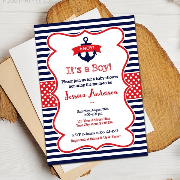 Nautical Baby Shower Invitation for Boy, Nautical Invitation, Nautical Shower, Navy Blue and Red Anchor Invitations, Editable Nautical Party