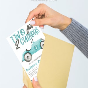 May include: A blue and white birthday invitation with a cartoon car and the text "TWO fast TWO curious" and "Jackson's 2nd".