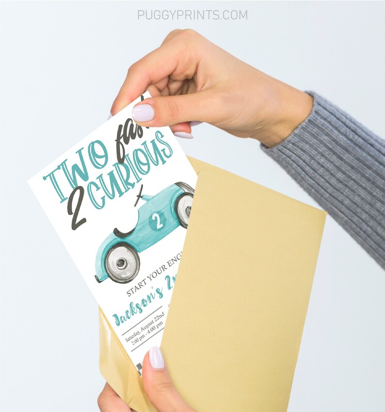 May include: A blue and white birthday invitation with a cartoon car and the text "TWO fast TWO curious" and "Jackson's 2nd".