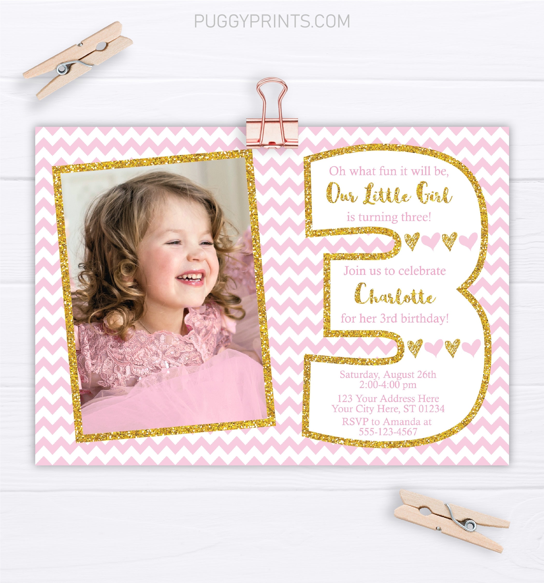 Pink and Gold 3rd Birthday Invitation Girl Third Birthday | Etsy