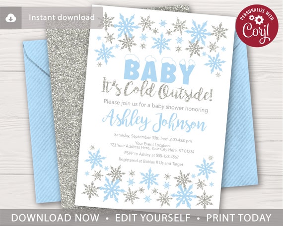 Winter Baby Shower Invitation In Baby Blue And Silver Editable Winter Baby Shower Invitation In Baby Blue And Silver Editable