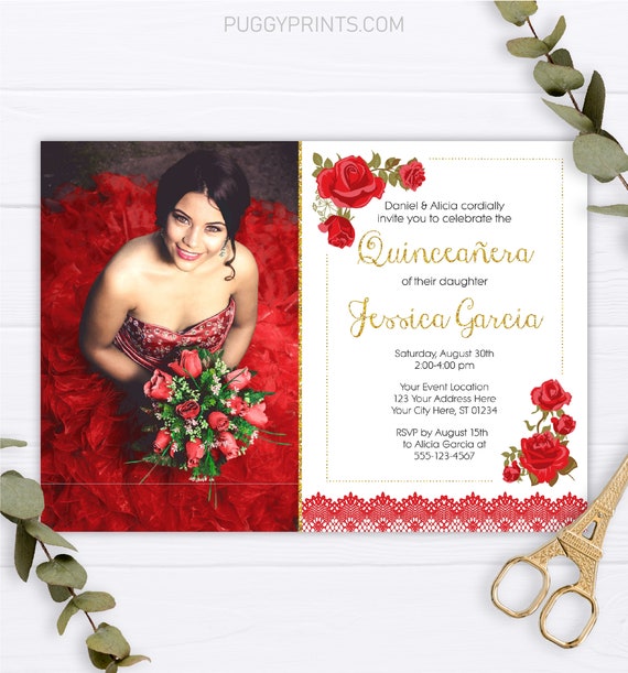 Charro Quinceañera Invitation, Roses, Lace, Red and Gold, Editable Quinceanera Birthday Invitations, Rose Mis Quince Años, Template Il_570xn