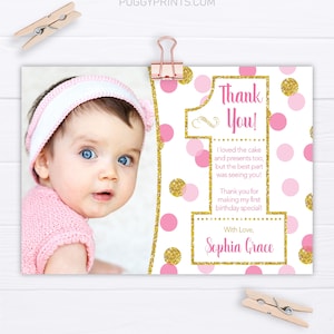 Pink and Gold Confetti 1st Birthday Thank You Card with Photo | Editable Template Online | Instant Download