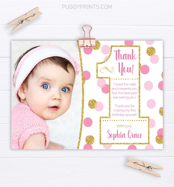 Pink and Gold Confetti 1st Birthday Thank You Card with Photo