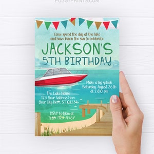Lake Birthday Invitation: Speed Boat Party, Summer Fishing (Editable Template)
