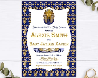 Egyptian Baby Shower Invitation, Editable Egyptian Invitation Template, Printable Egyptian Baby Shower Theme, Royal Blue and Gold Glitter