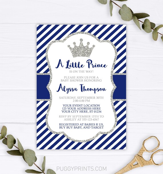 Prince Baby Shower Invitation, A Little Prince Is On The Way, Prince Invitation, Boy Baby Shower Invitation, Royal Blue and Silver, Editable Il_570xn