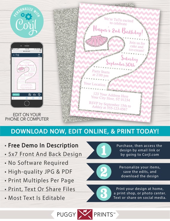 Tutu 2nd Birthday Invitation | Editable Template Online | Instant Download Il_570xn