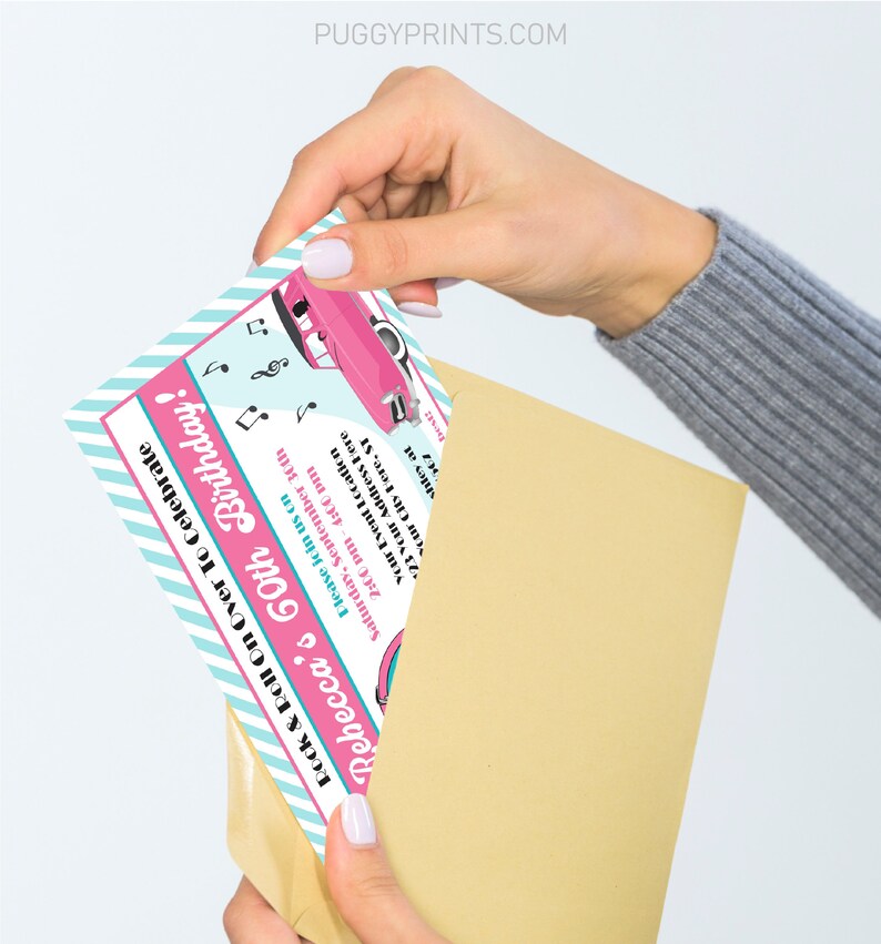 May include: A pink and blue birthday invitation with a pink car and musical notes. The text reads "Rock & Roll On Over To Celebrate Rebecca's 60th Birthday!" and includes the date, time, and location of the event.