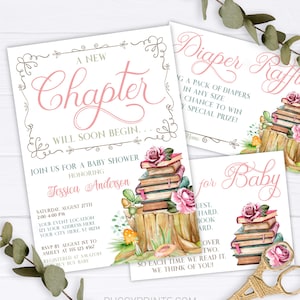 Verhalenboek baby shower uitnodiging, bewerkbare verhaalboek uitnodigingsbundel, afdrukbare bloemensprookjesboeken voor baby- en luierloterijkaart