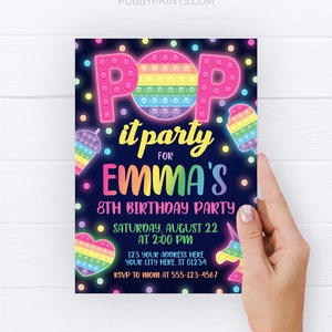 Pop It Birthday Invitation, Editable Pop It Invitation Template, Printable Neon Glow Fidget Toy Party Invitation, Rainbow Popper Toy Invite