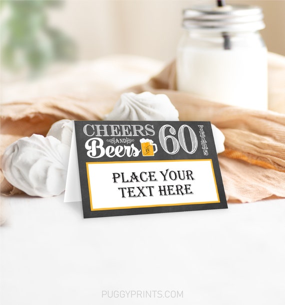 Cheers and Beers to 60 Years Place Cards, Editable Cheers to 60 Years Tent Cards, Adult 60th Birthday Party Decor, Food Labels, Name Cards Il_570xn