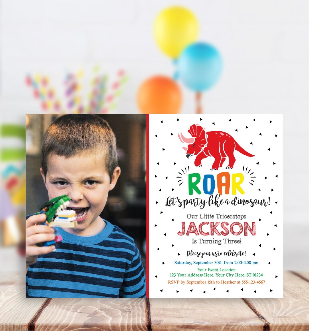 Dinosaur Birthday Invitation With Photo, Editable Dinosaur Invitation