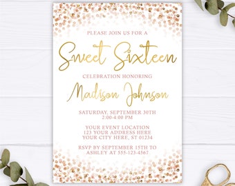 Sweet Sixteen Birthday Invitation in Pink and Gold, Editable 16th Birthday Invitation Template, Sixteenth Birthday Party Invite, Blush Pink