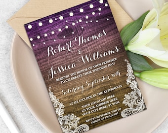 Rustic Wedding Invitation, Country Wedding Invitation, Wood Look Bridal Invites, Lace Wedding Invitations, Fairy Lights, Editable Template