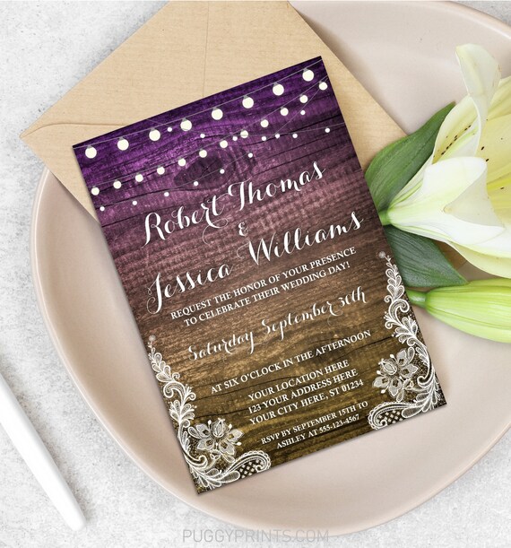 Rustic Wedding Invitation, Country Wedding Invitation, Wood Look Bridal Invites, Lace Wedding Invitations, Fairy Lights, Editable Template Il_570xn