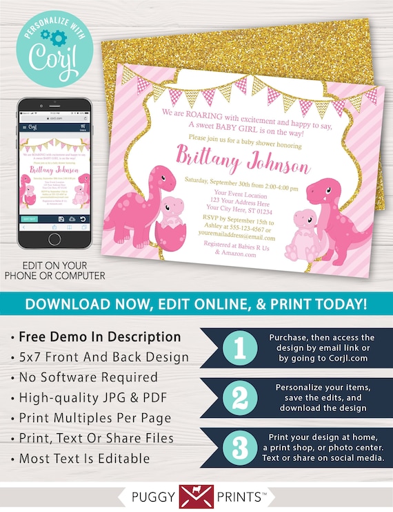 Dinosaur Child Shower Invitation inside Crimson and Gold Editable photo relating to Free Printable Dinosaur Baby Shower Invitations identify Dinosaur Kid Shower Invitation inside Crimson and Gold Editable