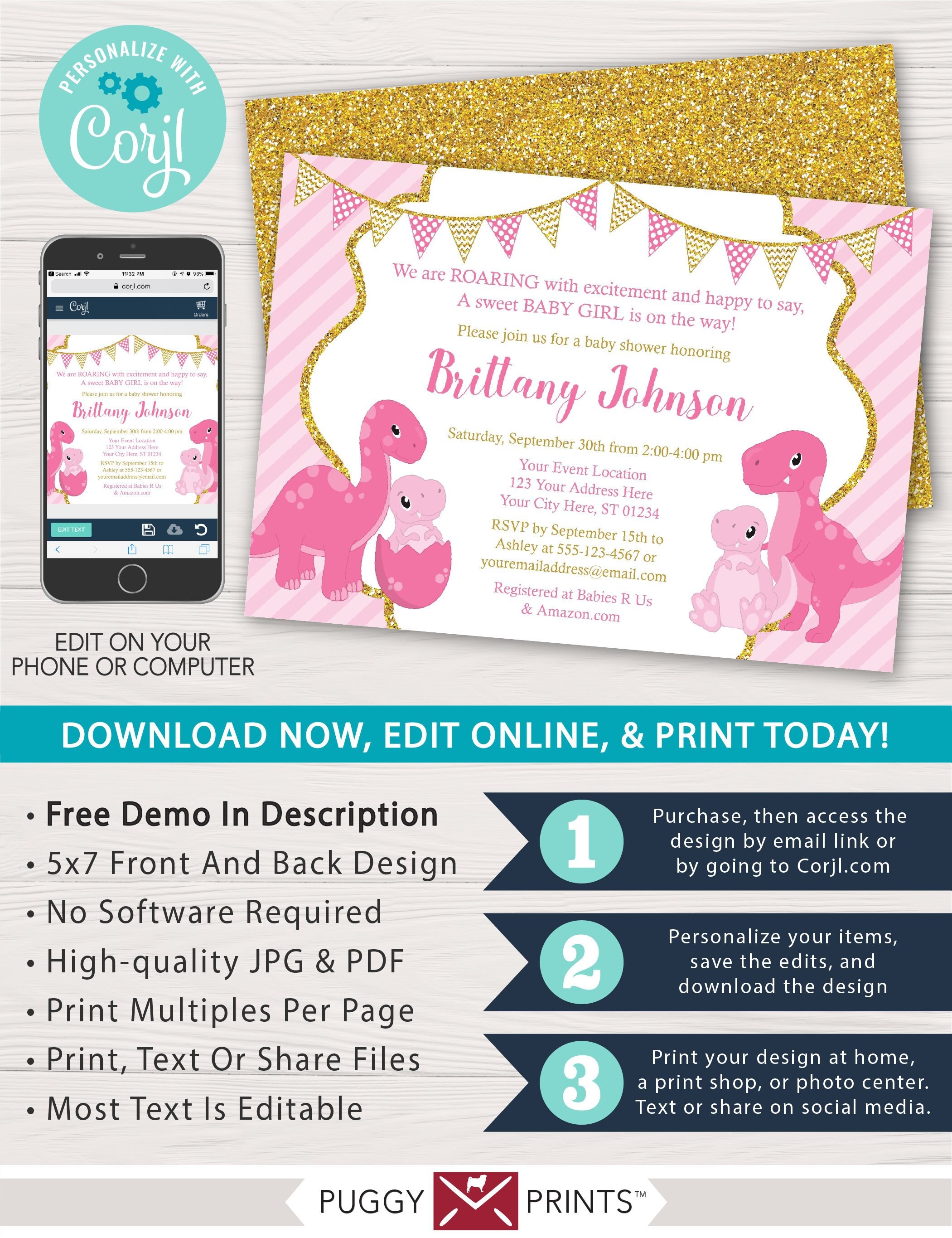 Dinosaur Baby Shower Invitation in Pink and Gold Editable | Etsy