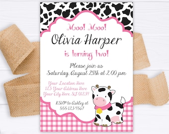 Cow Birthday Invitation in Pink | Editable Template Online | Instant Download, CWP