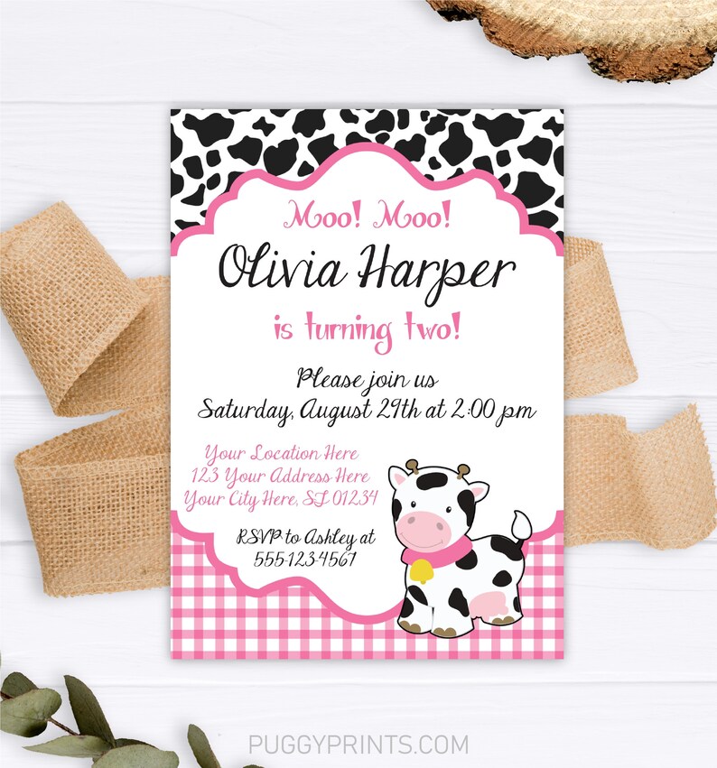 Cow Birthday Invitation in Pink Editable Template Online Etsy