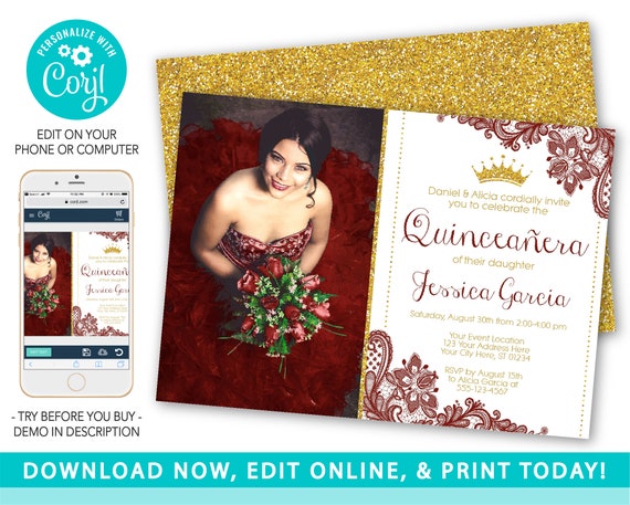 Quinceanera Invitation, Princess Quinceañera Invitation Template, Dark Red Lace & Gold Glitter, Elegant Quinceanera Printable, Mis Quince Il_570xn