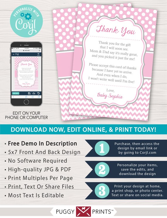 Baby Shower Thank You Card For Girls Editable Template Online