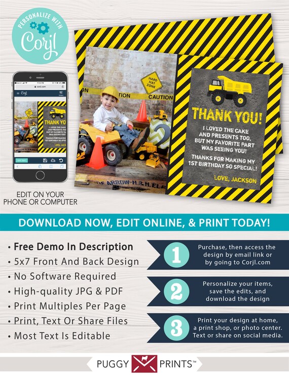 Construction Birthday Thank You Card, Dump Truck Thank You Card, Construction Birthday Party, Construction Thank You Cards, Editable Card Il_570xn