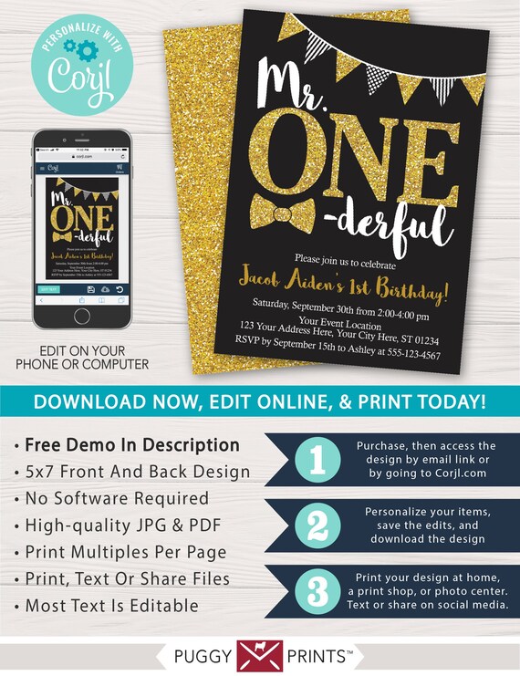 Mr. ONEderful Birthday Invitation in Black and Gold | Editable Template Online | Instant Download Il_570xn