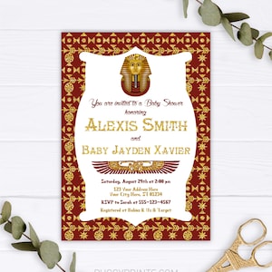 Egyptian Baby Shower Invitation, Editable Egyptian Invitation Template, Printable Egyptian Baby Shower Theme, Dark Red and Gold Glitter image 1