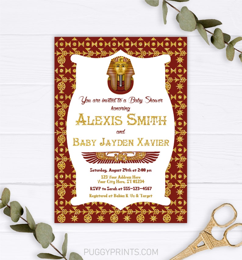 Egyptian Baby Shower Invitation, Editable Egyptian Invitation Template, Printable Egyptian Baby Shower Theme, Dark Red and Gold Glitter image 1