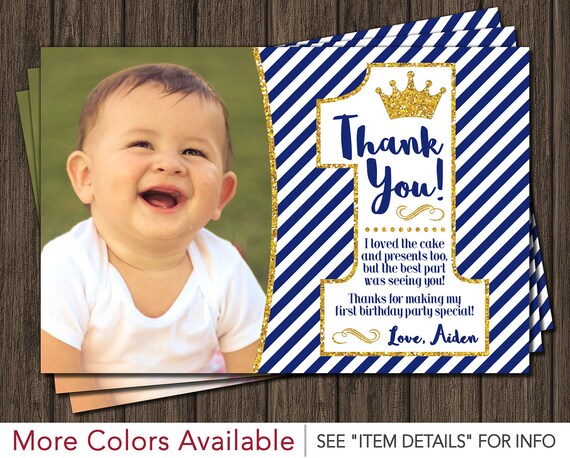 Prince First Birthday Thank You Card - Royal Blue 1st Birthday Thank You Card Il_570xn