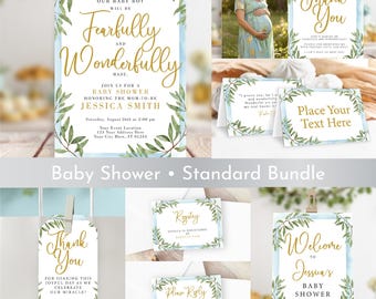Paquete estándar para baby shower de niño, hecho con mucho miedo y de forma maravillosa: invitación editable, etiquetas de recuerdo, tarjetas de lugar y cartel de bienvenida.