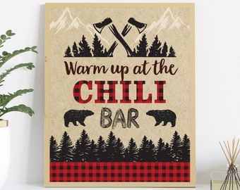 Lumberjack Chili Bar Sign, Printable Lumberjack Birthday Party Decorations, Warm Up at the Chili Bar Sign, Make Your Own Chili Table Sign