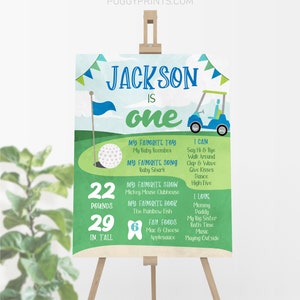 Agujero en un cartel de hito, cartel de primer cumpleaños de golf editable, signo de estadísticas de 1er cumpleaños imprimible, cartel de hito de golf, cumpleaños de niño