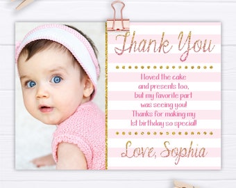 Pink and Gold Birthday Thank You Card, Editable Pink and Gold Thank You Card Template, Printable First Birthday Thank You Note Glitter Ombre