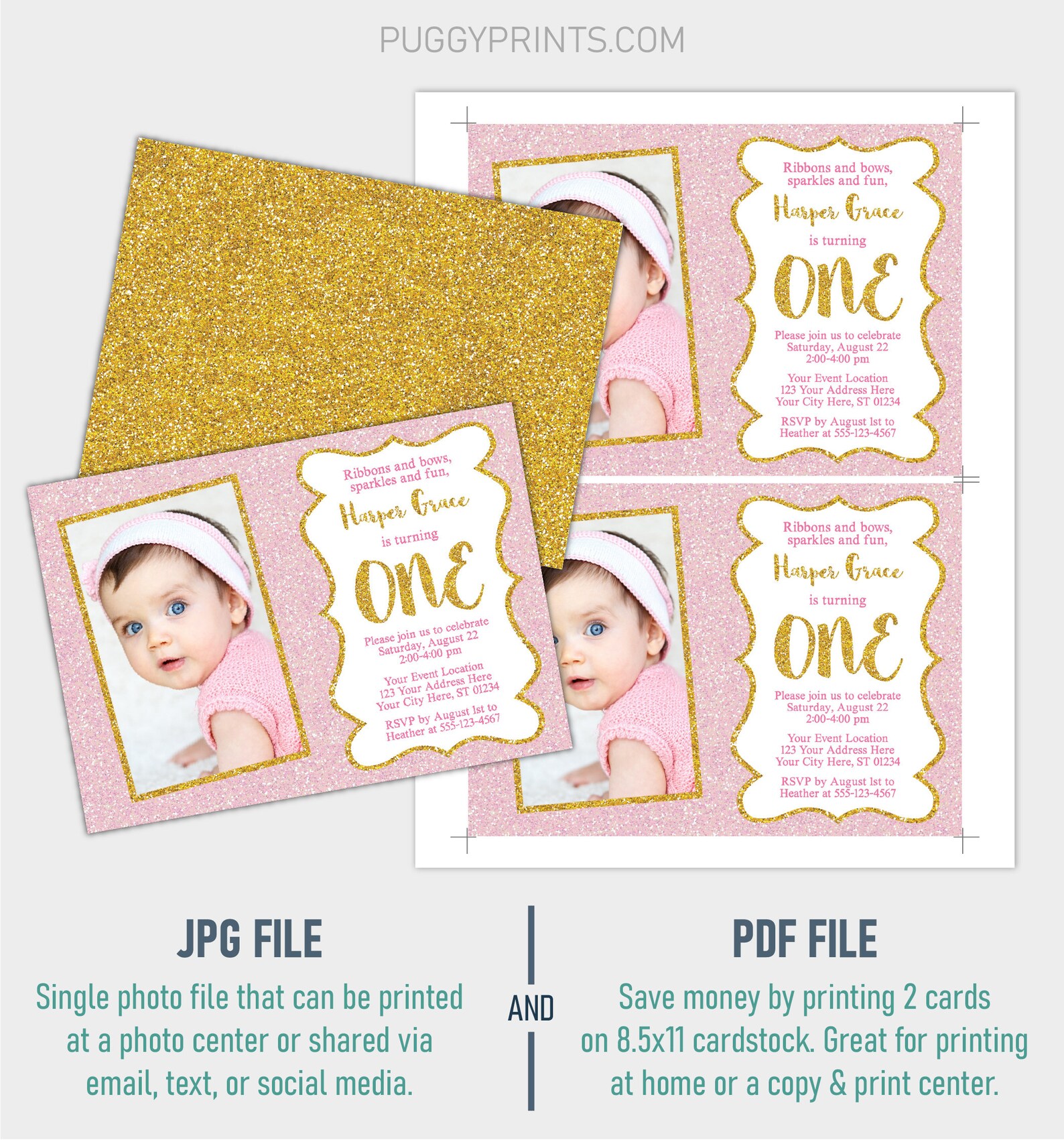 Pink and Gold First Birthday Invitation With Photo Editable Etsy