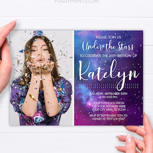 Galaxy Birthday Invitation, Galaxy Invitation with Photo, Starry Sky Universe Invitation, Girl Invitation, Sweet 16 Birthday, Outer Space