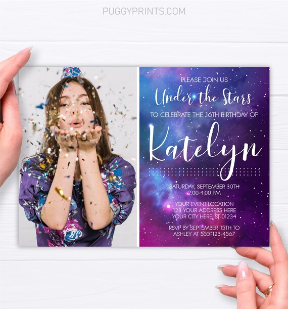 Galaxy Birthday Invitation, Galaxy Invitation with Photo, Starry Sky Universe Invitation, Girl Invitation, Sweet 16 Birthday, Outer Space Il_570xn