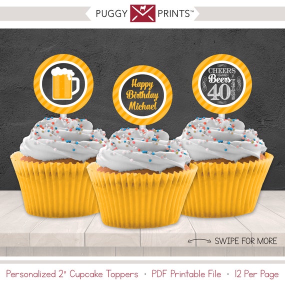 Cheers and Beers to 40 Years Birthday Cupcake Toppers | 40th Birthday 2" Cupcake Toppers | Beer Yellow | Any Age | Personalized & Printable Il_570xn