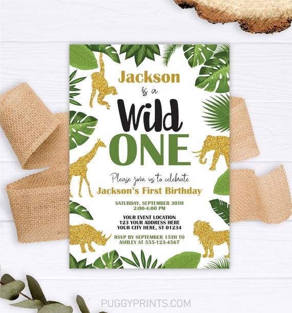 Wild One Birthday Boy Invitation, Safari Invitation, Jungle First Birthday Invite, Wild Invitation, Jungle Animals, Safari Gold Invitation Il_570xn