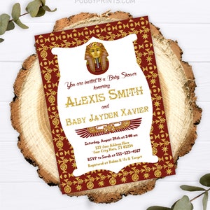 Egyptian Baby Shower Invitation, Editable Egyptian Invitation Template, Printable Egyptian Baby Shower Theme, Dark Red and Gold Glitter image 2