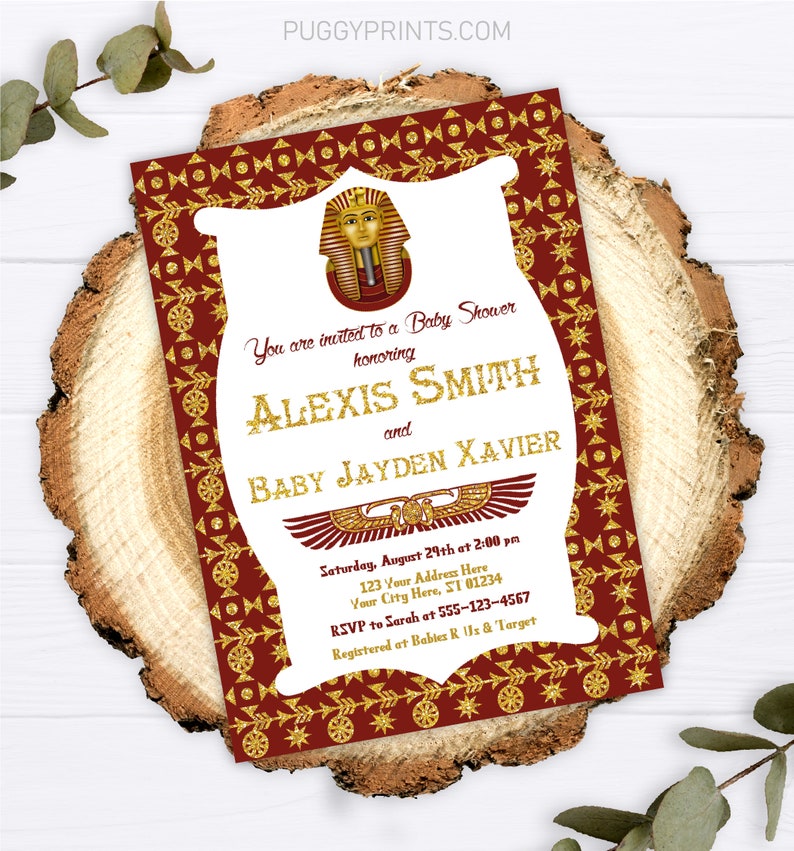 Egyptian Baby Shower Invitation, Editable Egyptian Invitation Template, Printable Egyptian Baby Shower Theme, Dark Red and Gold Glitter image 2