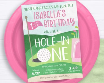 Hole in One Birthday Invitation, Editable Golf First Birthday Invitation Template, Printable Hole in One Invite, Girl 1st Birthday Party