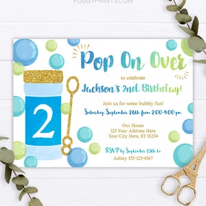 Bubble Birthday Invitation, Editable Boy Bubble Party Invitation Template, Blue and Gold, Printable Bubble Invitations, Instant Download