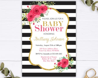 Floral Baby Shower Invitation, Editable Floral Invitation Template, Printable Black and White Baby Shower Invitations, Girl Baby Shower