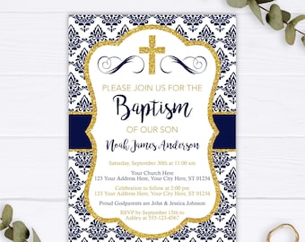 Baptism Invitation, Editable Boy Baptism Celebration Invitation Template, Printable Navy and Gold Damask Invitation, First Communion